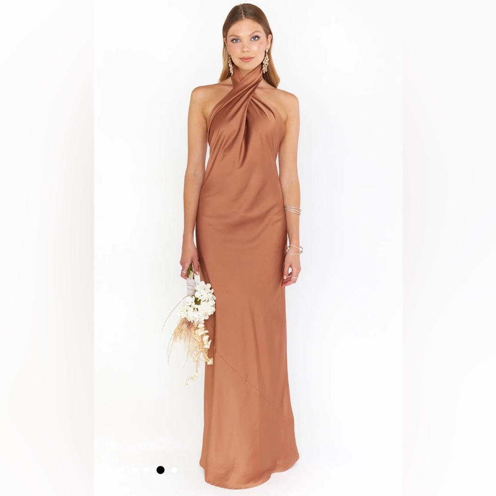 Show Me Your MuMu Copper Halter Backless Satin Gown